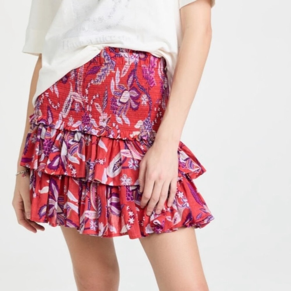 SUNDRY Red & Purple Floral Tiered Ruffle Mini Skirt Cottagecore Boho Festival